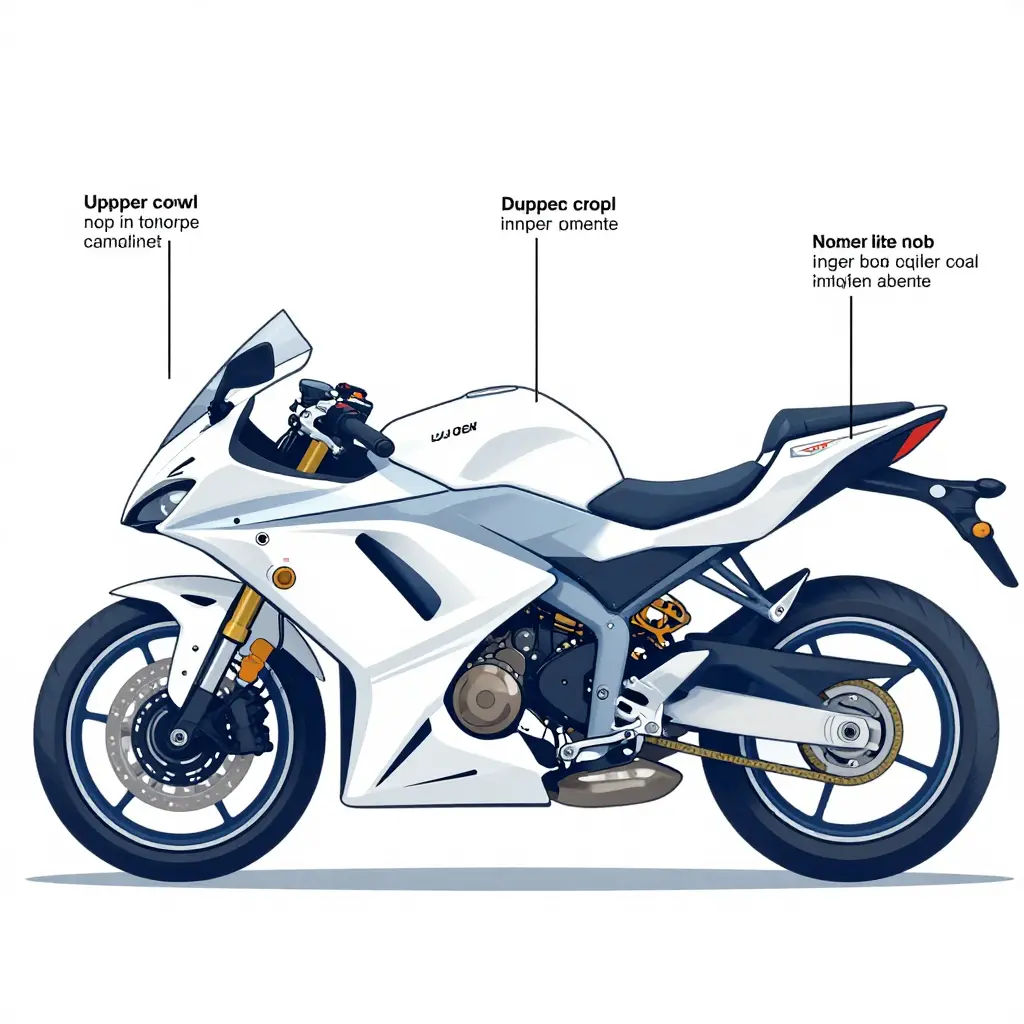 Blueprint-style diagram of a sportbike showing fairing panel zones labeled by name