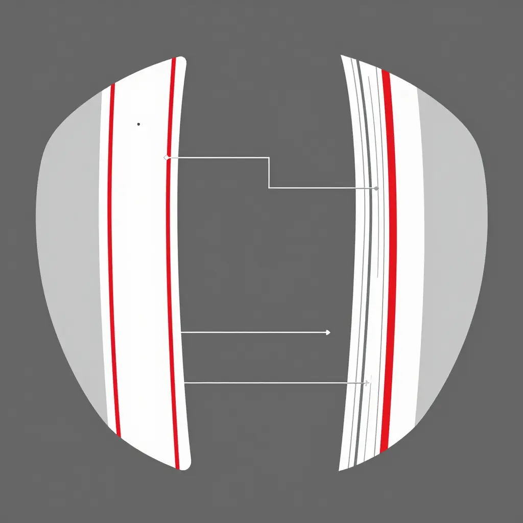 Motorcycle fairing pinstriping diagram showing wide tape spanning a curved panel with even stripe spacing beside narrow tape following the contour and drifting