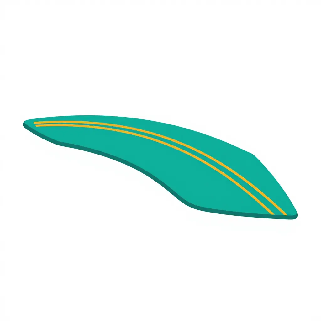 A minimal two-dimensional line-art diagram of a fairing panel drawn as a curved arc, with two parallel pinstripe lines laid over it. The gap between the lines widens along the convex hump and narrows along the concave dip, illustrating how panel curvature pulls otherwise parallel pinstripes apart.