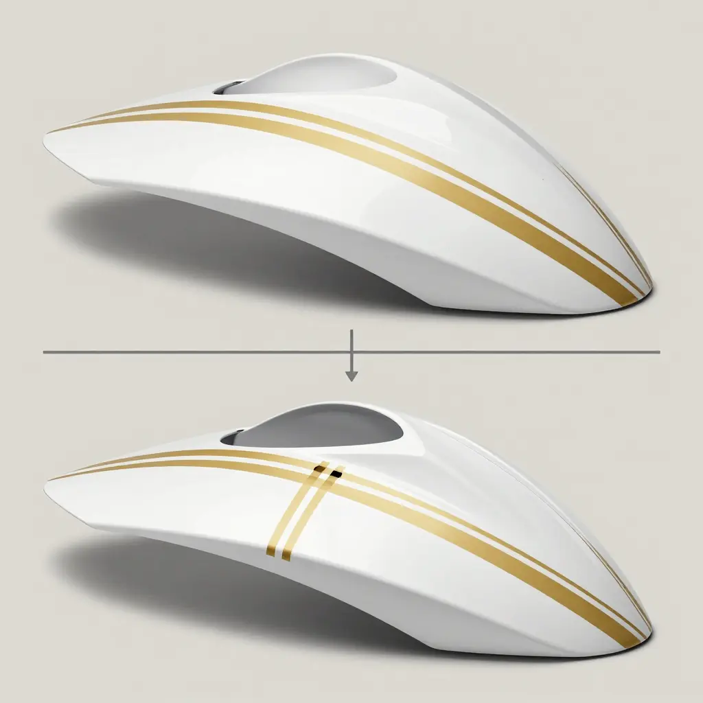 Close-up comparison of correct parallel pinstripes and common pinstriping mistakes on a curved motorcycle fairing panel