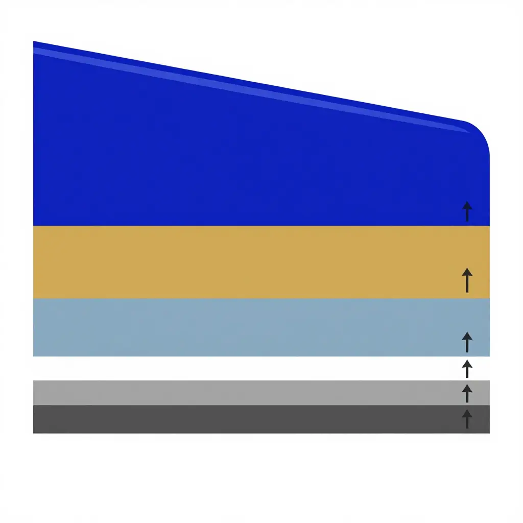 Flat 2D schematic showing primer coat layering and curing sequence on a fairing panel, with substrate, first coat, flash-off gap, second coat, curing layer, and topcoat bands
