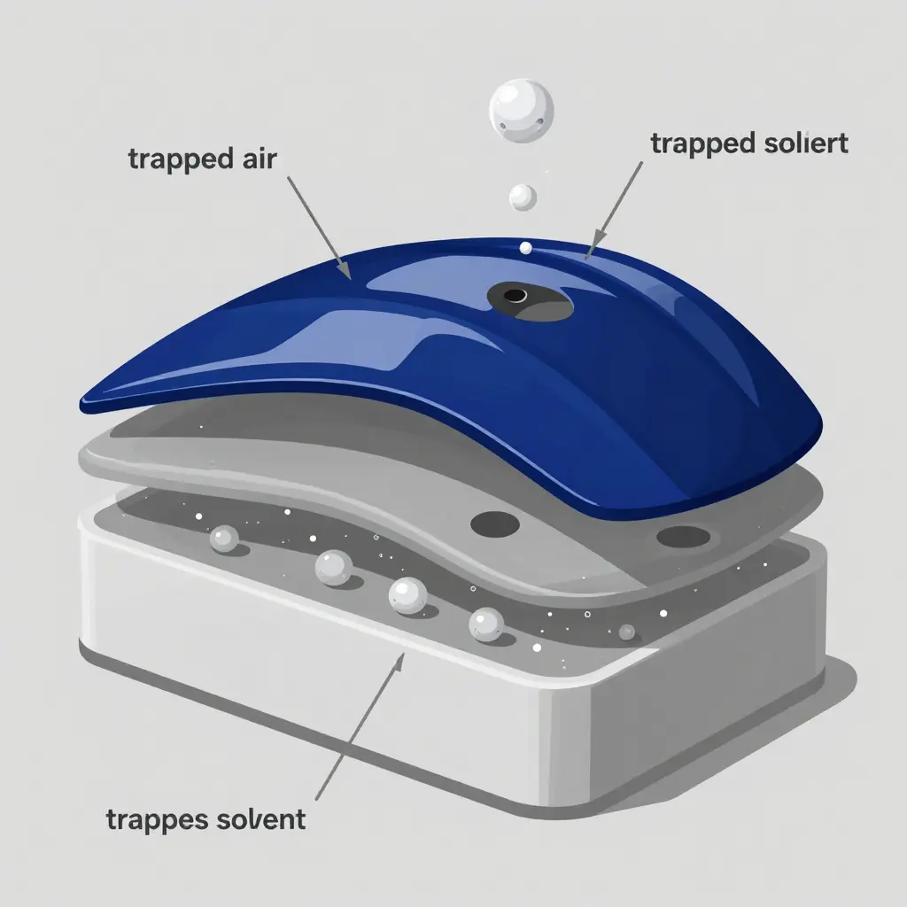 Cross-section diagram of motorcycle fairing paint layers showing trapped air and trapped solvent under the primer coats, with micro-bubbles rising and popping to leave pinhole craters