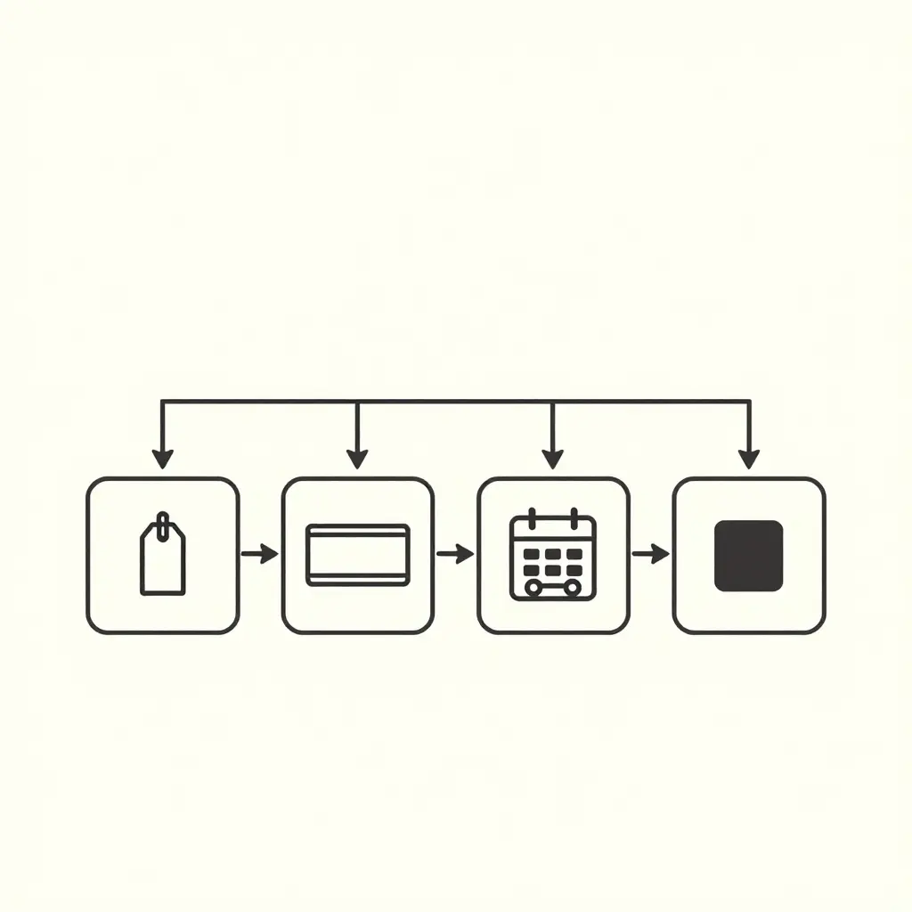 Flat line-art diagram showing a four-step, one-direction verification flow of four connected square nodes with icon glyphs: tag, plate outline, calendar outline and colour swatch, with no text.