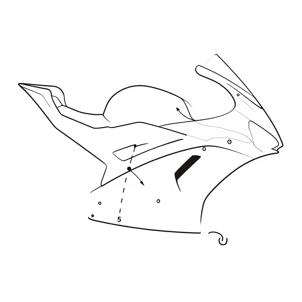 Minimalist technical line schematic of the inboard face of a sportbike left fairing: panel outline, four numbered bolt points marked 1 to 4, a rectangular coolant reservoir bracket footprint marked 5, a hook-shaped lower tab marked 6, and dashed arrows tracing how load transfers from the lower tab up through the bracket and outward to the bolt points