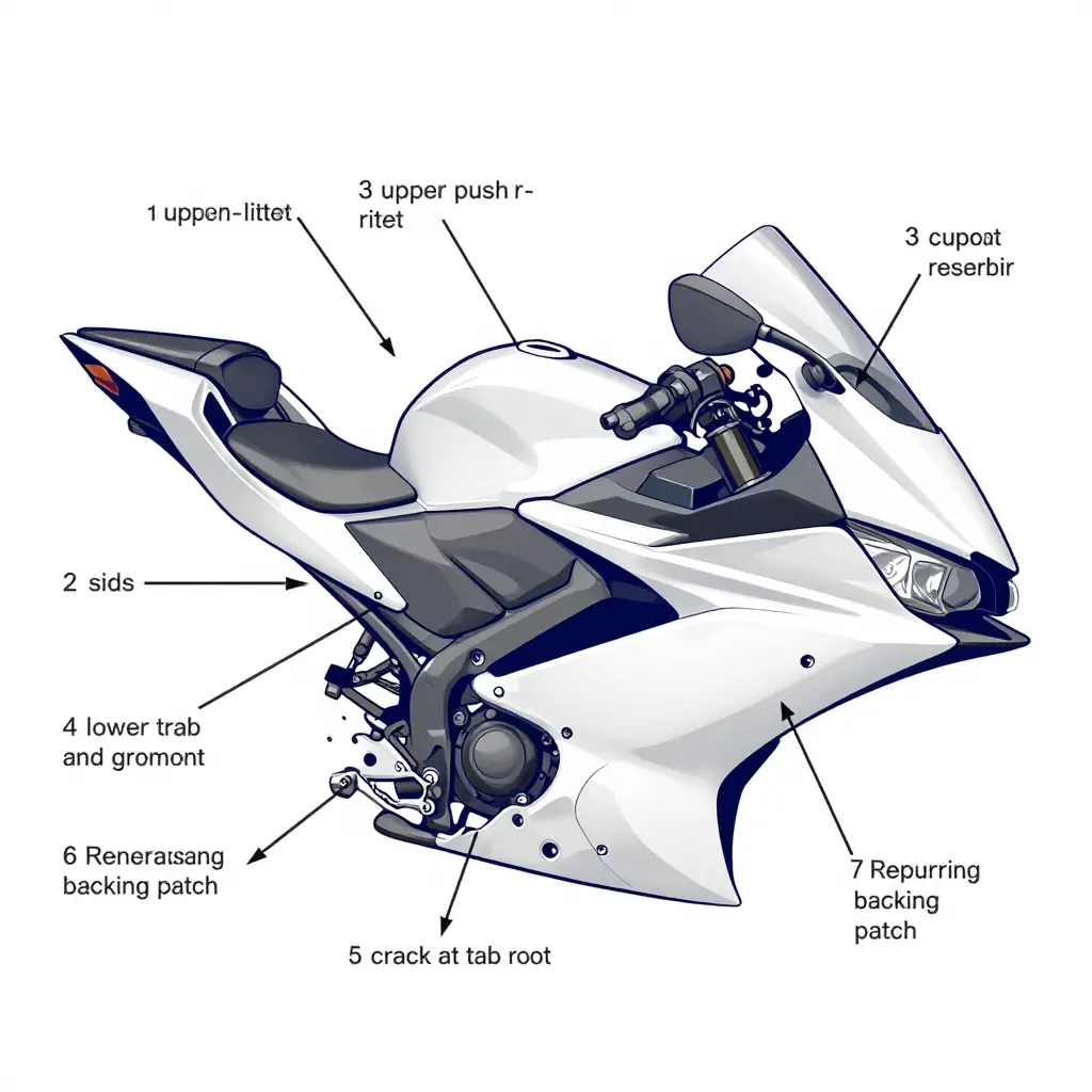 Schematic of the Yamaha R3 left fairing showing numbered callouts for push-rivets, side bolts, coolant reservoir bracket, lower tab, tab-root crack, reinforcing backing and panel gap