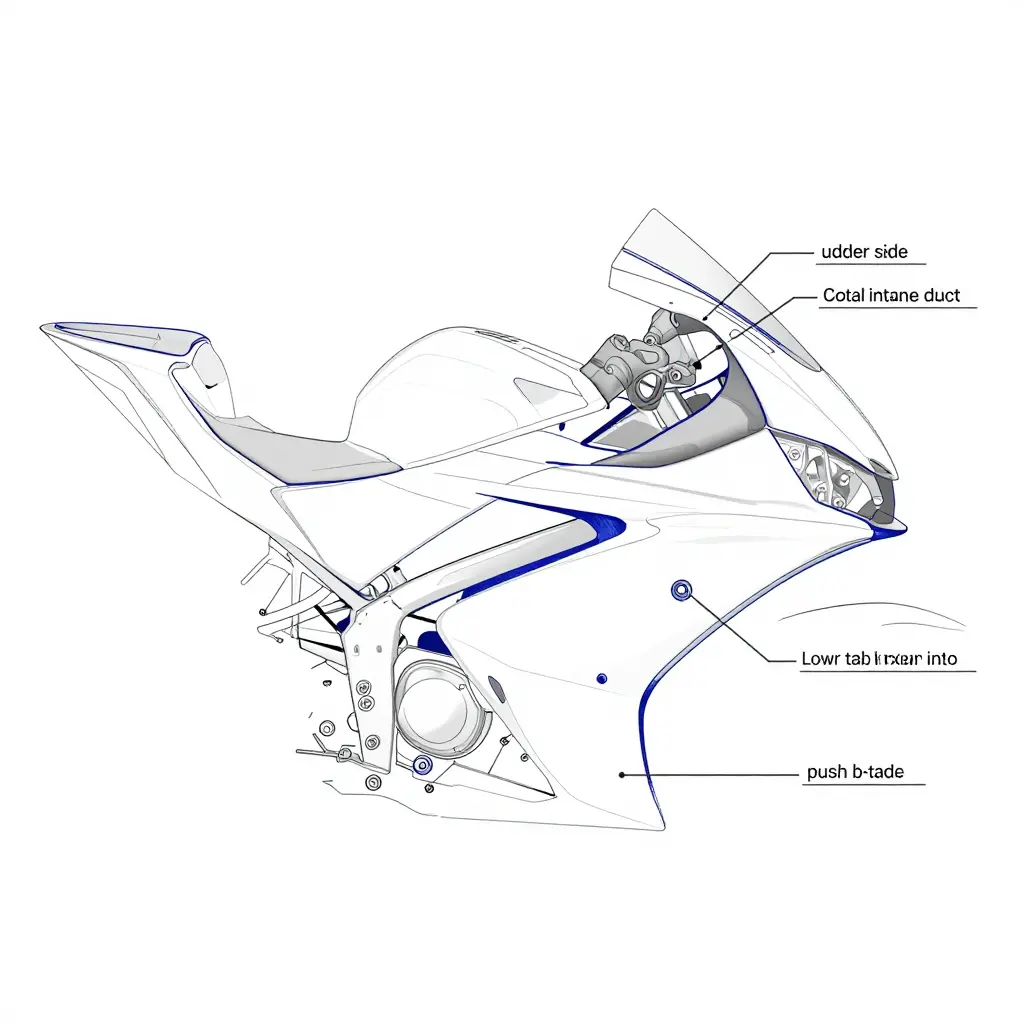 Technical line-art diagram of the Yamaha R3 left fairing mounting architecture, showing the upper side bolt points, coolant reservoir bracket, lower tab indexing into the belly-pan joint, and push-rivets along the frame spar