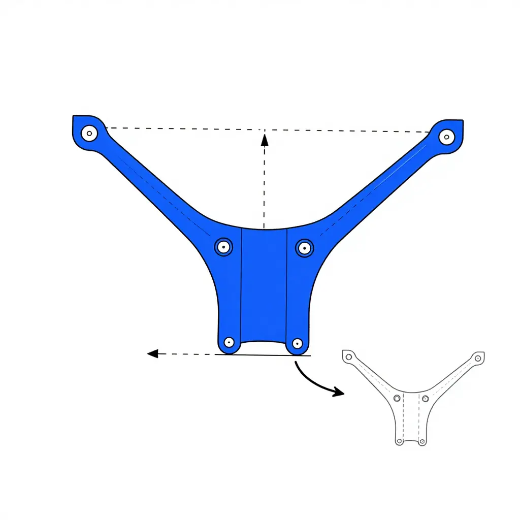 Flat 2D technical line-art diagram showing the Yamaha R6 upper fairing mount bracket geometry, including the main bracket, angled stay arms, mounting tab positions, dimension arrows, reference lines, and a side-profile comparison between a correctly bent and an over-bent bracket